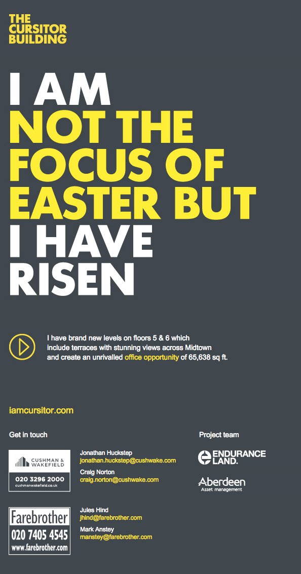I am Not the Focus of Easter but I Have Risen...<a href="/FarebrotherRE/">Farebrother</a> <a href="/CushWakeUK/">Cushman & Wakefield</a> <a href="/EnduranceLand/">Endurance Land</a>