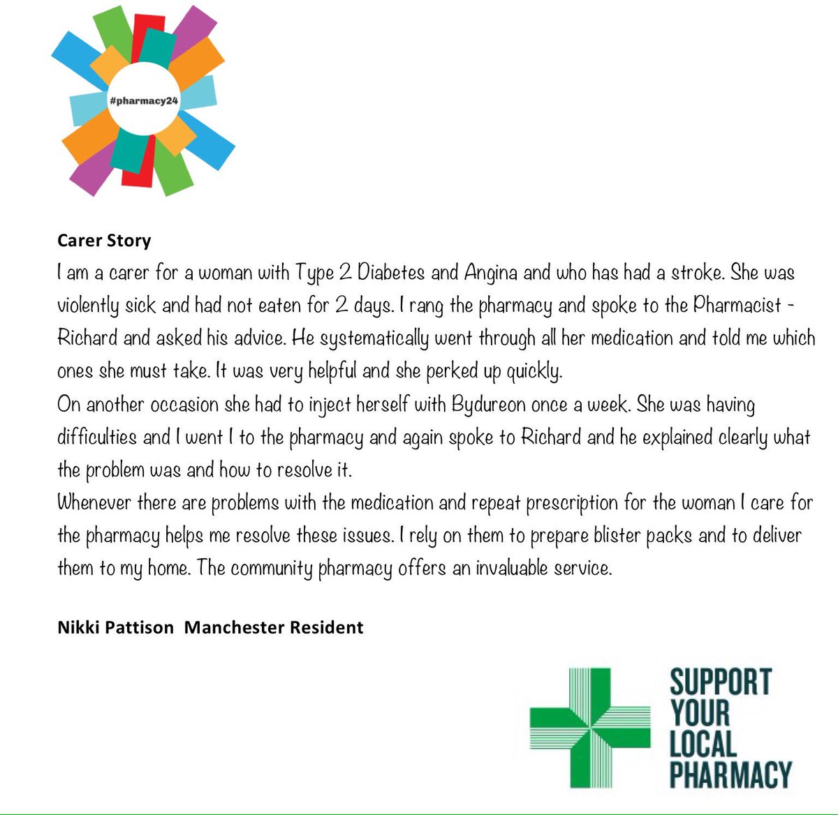ManchesterLPC's tweet image. Carer story showing the value of our local community pharmacies #pharmacy24 #lovemypharmacy