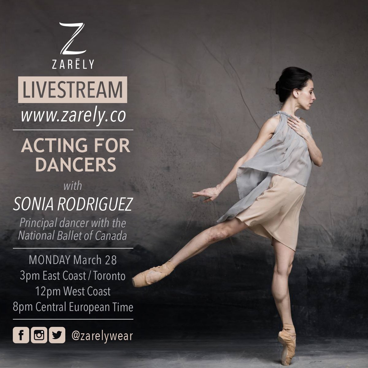 zarelywear's tweet photo. Nxt Monday livestream with @sonianboc from the #nationalballet of #Canada on acting for #dancers.Send your questions https://t.co/gQU6TH49G3