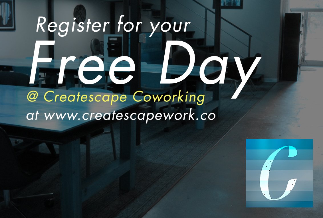 CreatescapeWork's tweet photo. Hey Austin. Sign up for your #FREE trial day of #coworking at Createscape. Do it. https://t.co/P11pAD3WO0 https://t.co/sjVJYN44Ud