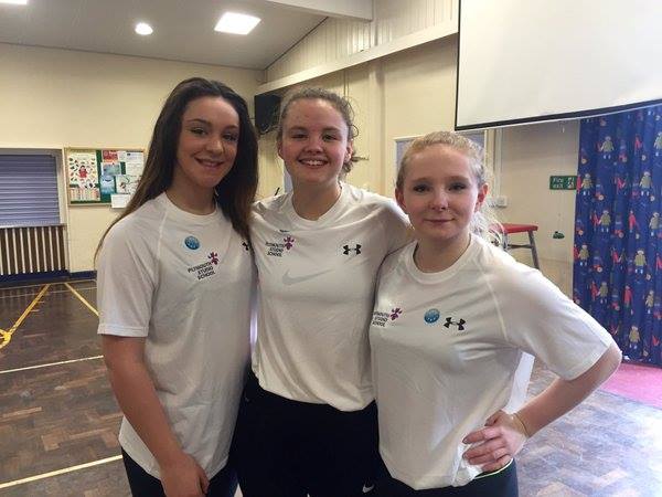 SPORTS AMBASSADORS. Yr 10s Paige Harrison,Jaydee Seaman and Katie Glanville recently visited Primary schools