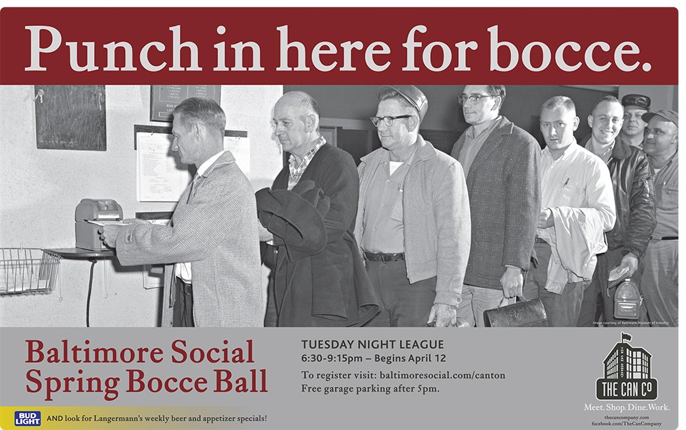 Sign up now for Spring Bocce League at the Can Company.
Registration ends 3/31/16.
baltimoresocial.com/canton/