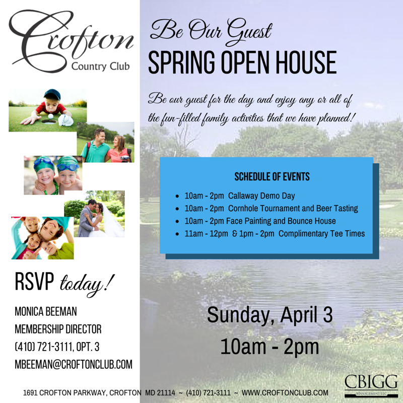 CroftonClub's tweet photo. Join us for our spring open house! April 3rd...be there or be square! #openhouse #clublife #makeyourteetime https://t.co/2aD88NOtCL