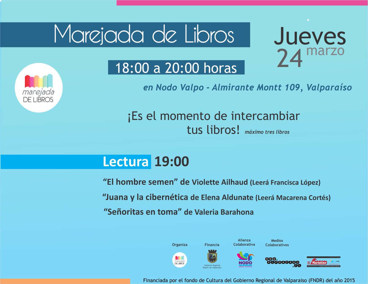 Hoy nueva versión de <a href="/Marejadalibros/">Marejada de Libros</a>. Lleva tus libros para intercambiarlos por otros. En <a href="/NodoValpo/">Nodo Valparaíso</a> de 18 a 20 hrs