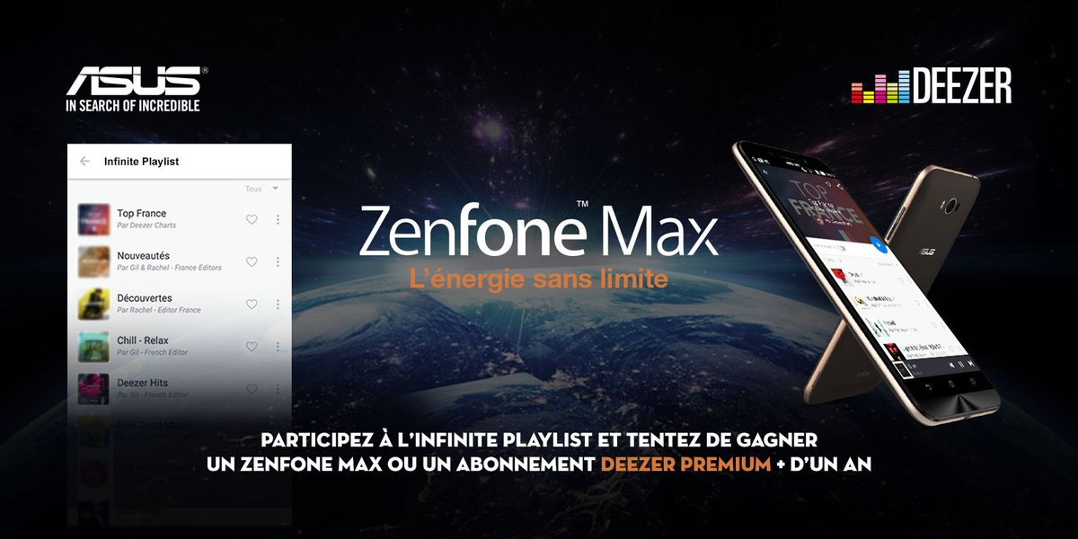AsusFrance's tweet photo. Participez à la #ZenFoneInfinitePlaylist avec "je voudrais ajouter : titre +/ou artiste de votre choix" #ZenFoneMax https://t.co/bS1ri6bTxw