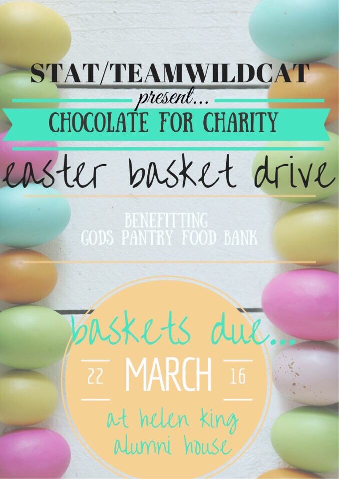 Chan_Friday's tweet photo. Last few hours to turn in Chocolate for Charity baskets! UK_STAT @TEAMWILDCAT https://t.co/Yqt7VRV9qV