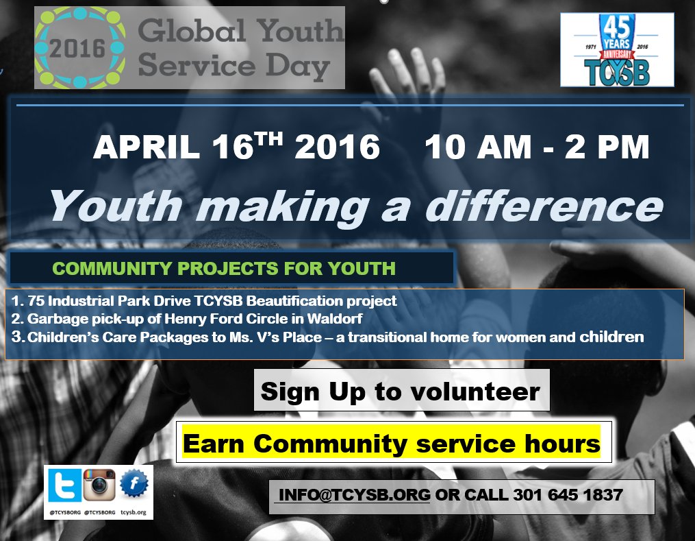 tcysborg's tweet photo. #GYSD2016 April 16th. Earn community services hours on Global Youth Service day at TCYSB in Waldorf MD #tcysborg https://t.co/ySa6SI7goq