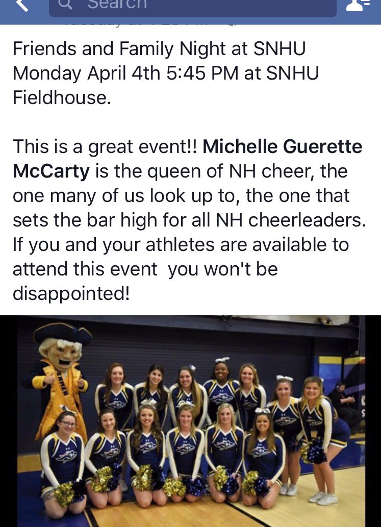 CheerNhss's tweet photo. Mark your calendars for SNHU's cheer friends and family night. April 4th!  @nhncheer @snhupenmen https://t.co/Dose2NQuvf