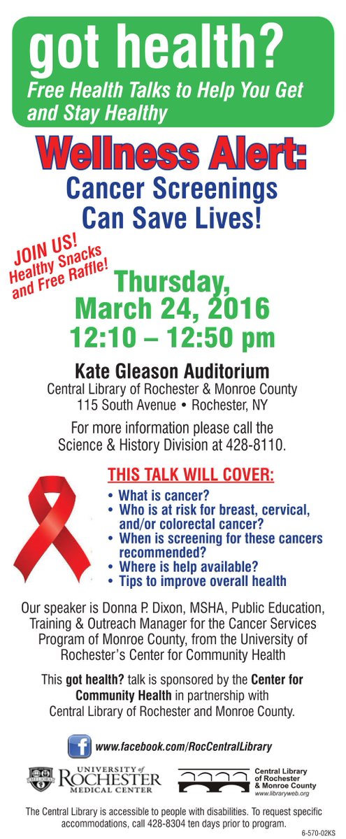 RocCityLibrary's tweet photo. Going on TODAY #ROC learn about the benefits of #cancerawareness and Cancer screening #Wellnessalert w/ @CCH_URMC https://t.co/jiygYmf2tT