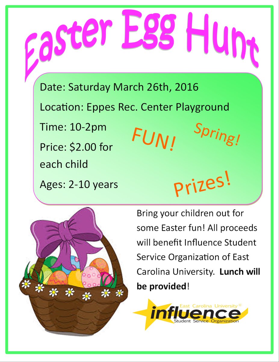 Influence_ECU's tweet photo. Work with any youth groups in the community? Bring them out to our Easter Egg Hunt this Saturday! https://t.co/obUKrxydZa