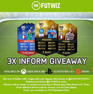 FUTWIZ's tweet image. Win RB Buffon(86)/Pogba(88)/Higuain(90)! Follow+RT to enter, winners drawn Wed 30th March futwiz.com/en/news/articl…