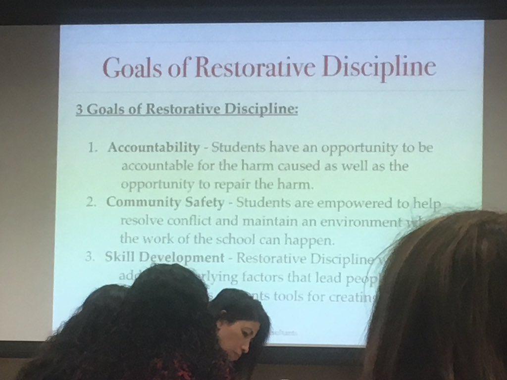 Great ideas to bring back to our schools on  Restorative Disciple Practices. <a href="/GinaBCobb/">Gina Cobb</a> &amp; <a href="/willhrhodes/">William H. Rhodes, Ed.D.</a> #wmexcellence