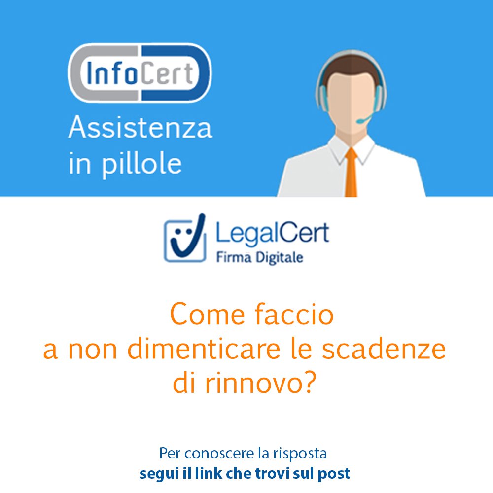 InfoCert_it's tweet photo. #InfoCertHelp
Come faccio a non dimenticare le scadenze di rinnovo di #FirmaDigitale?https://t.co/kVOrOp8GTu https://t.co/G5I8WcNMZy