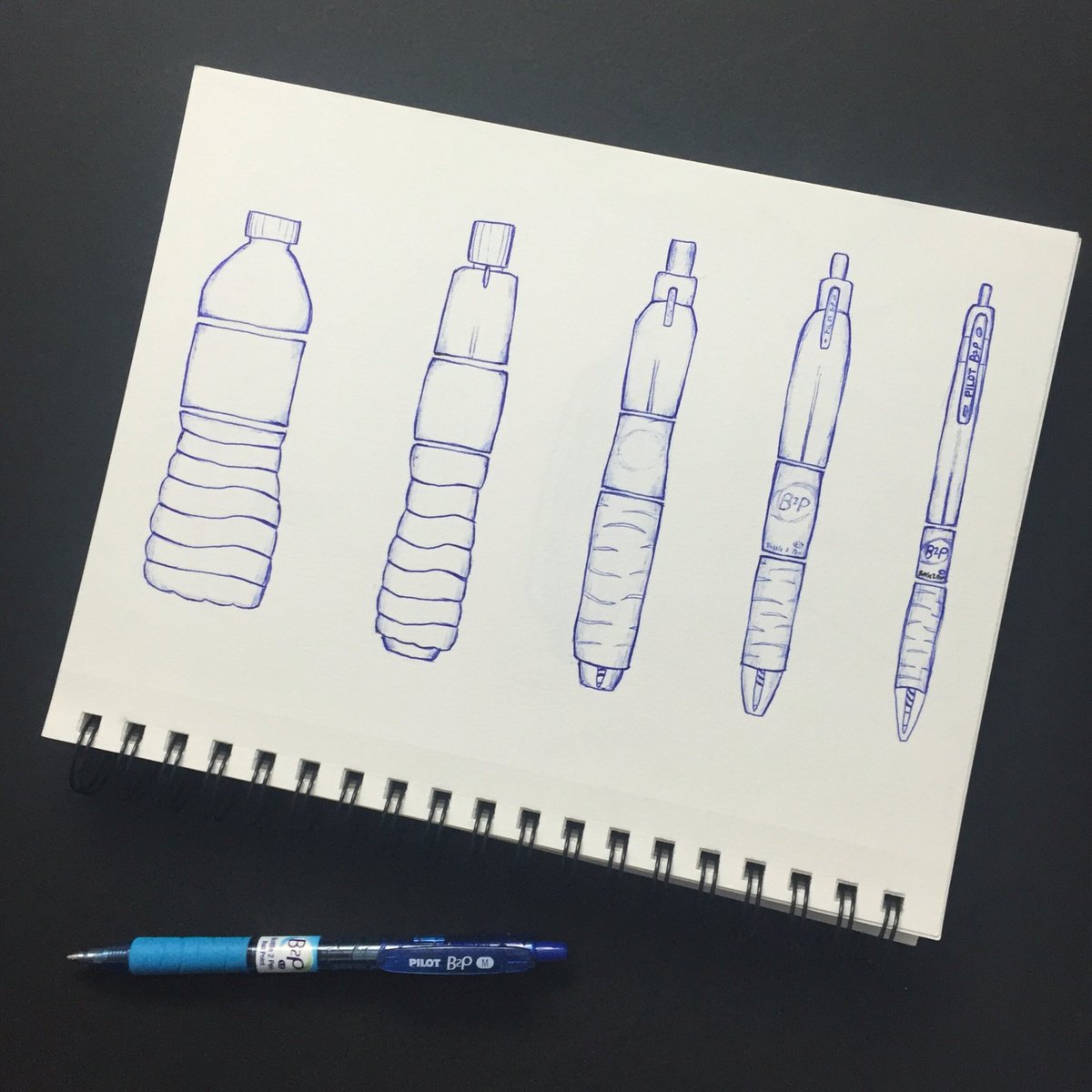 PilotPenUSA's tweet photo. 1 water bottle recycled, 2 Pilot #B2P pens made! The resemblance is uncanny. #Recycle #PowerToThePen #EcoFriendly 🌎💧 https://t.co/dIXv6XlG1Q