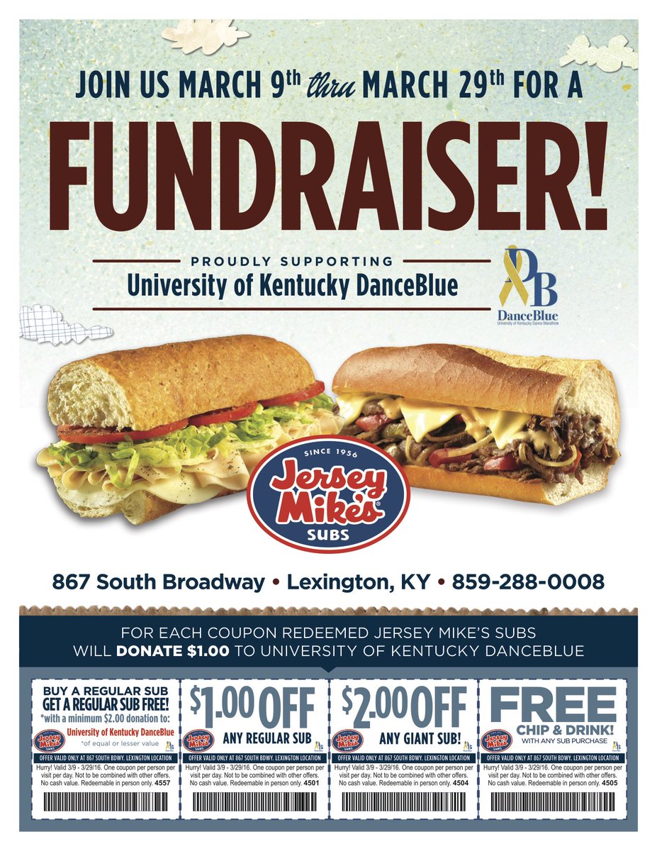 UK_DanceBlue's tweet photo. It's the Month of Giving at @jerseymikes! Come out and support #DB17 for the rest of the month by eating a sub #FTK! https://t.co/Rn5OPNyN5v