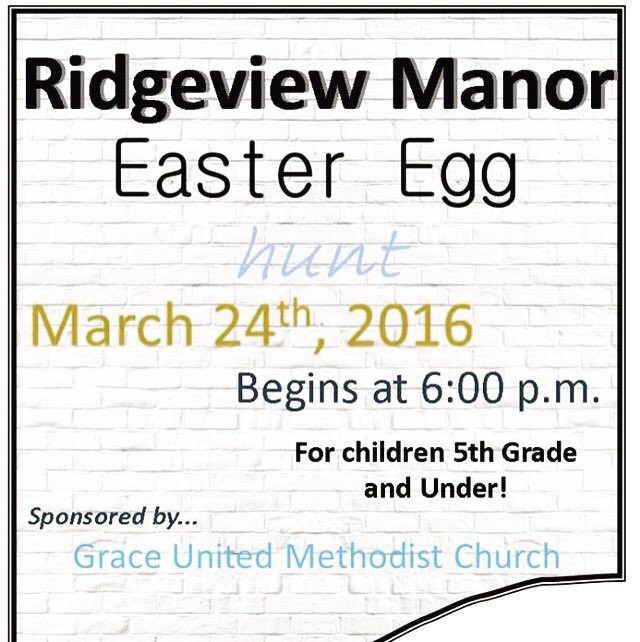 GraceYouthUMC's tweet photo. Ridgeview Manor Egg Hunt is tonight!  We will meet there at 5:30pm!  419 Bradleyville Rd https://t.co/Q3E75e8jn7