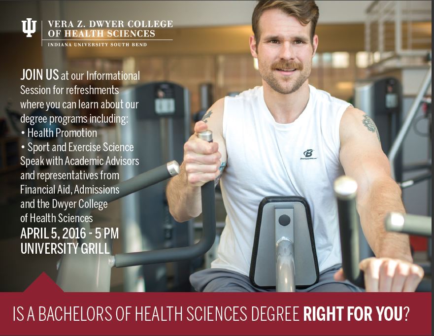 IUSouthBend's tweet photo. Interested in Health Promotion or Sport/Exercise Science? Learn more at our Health Sciences info session Apr 5, 5pm. https://t.co/AjF8aVwhdg