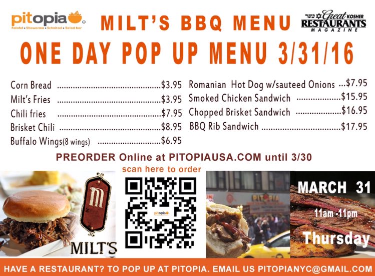 Pitopianyc's tweet photo. Milt's is coming next week!! Plan your lunch and Preorder online today! #Milts #BBQ #pitopia #kosher #popup2 https://t.co/tpECUmOyLK