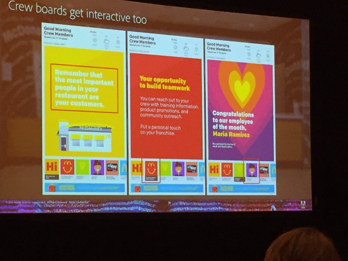 ShawnSheely's tweet photo. Brand new Adobe AEM Screens launch session at #AdobeSummit features @sapientnitro work for McDonalds WWC16. https://t.co/cBbu4b2Wnh