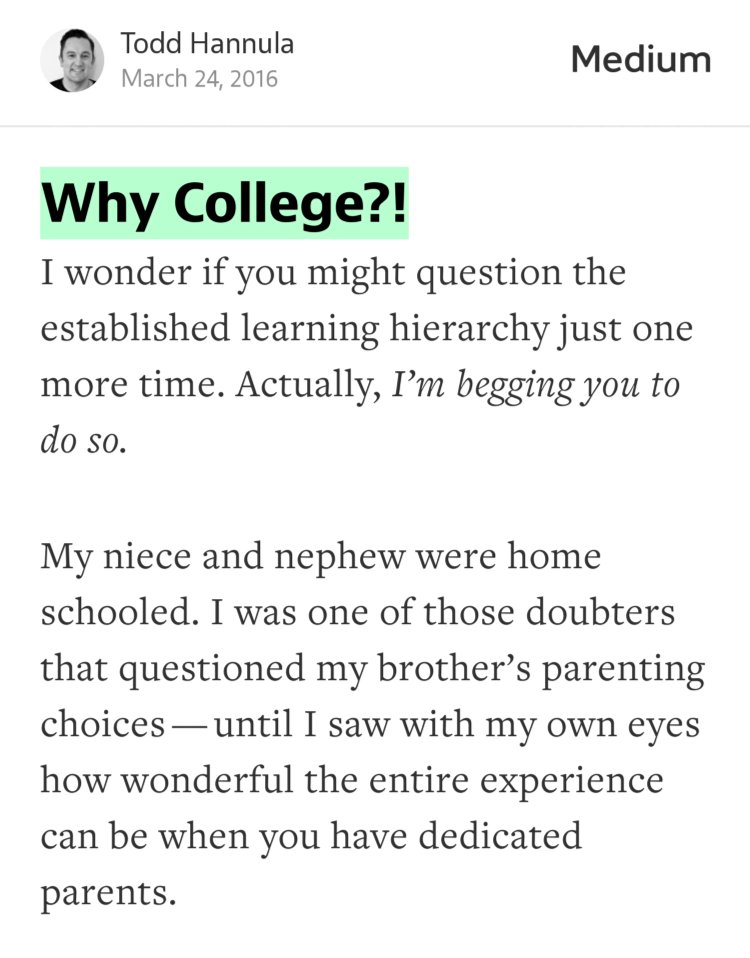 “Why College?!” from “Why College?!” by Todd Hannula 🤓.