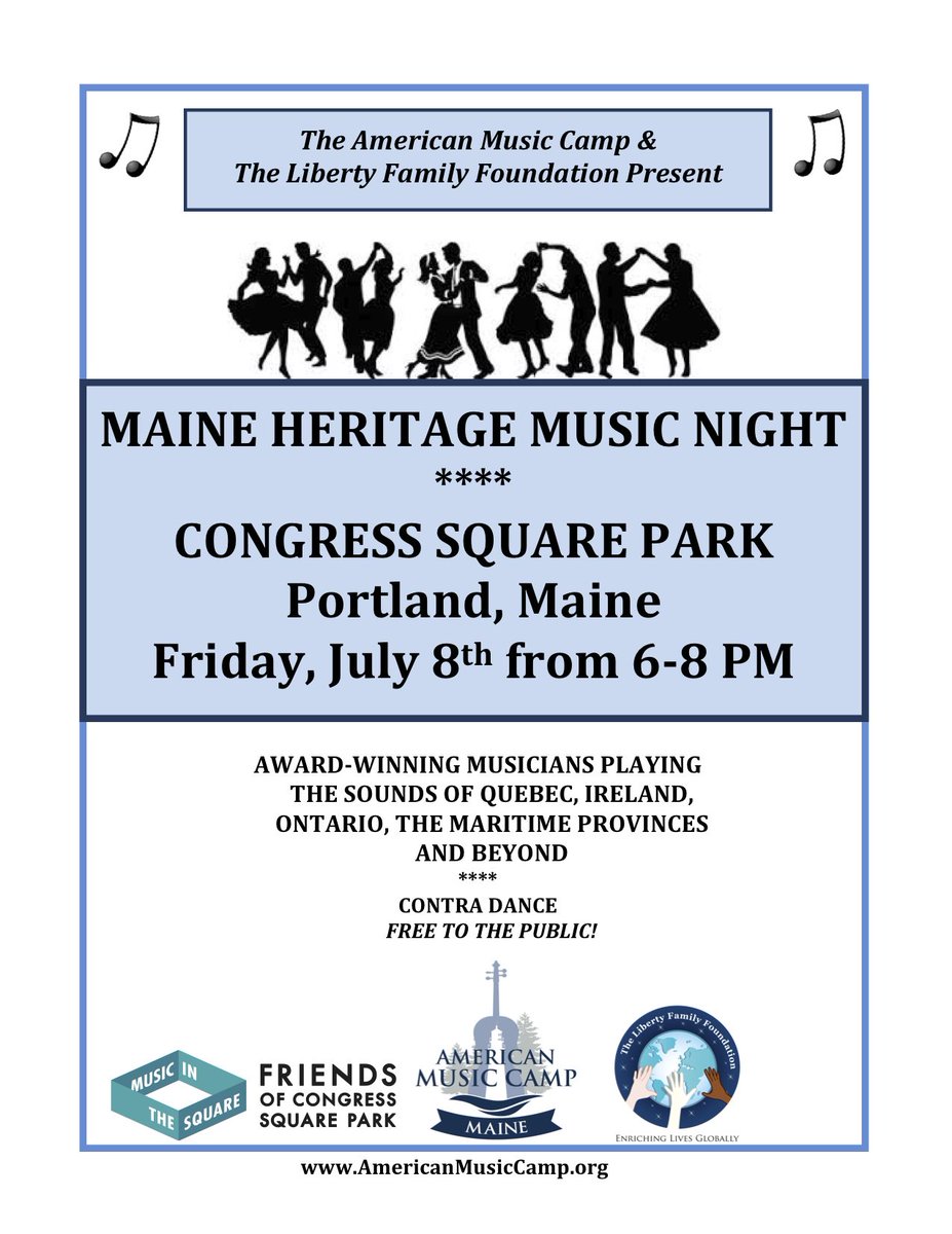 AMC_Maine's tweet photo. Maine Heritage Music Night and contra dance at Congress Square Park July 8th from 6-8PM. Be there or be... square! https://t.co/RnKYPnQ4TA