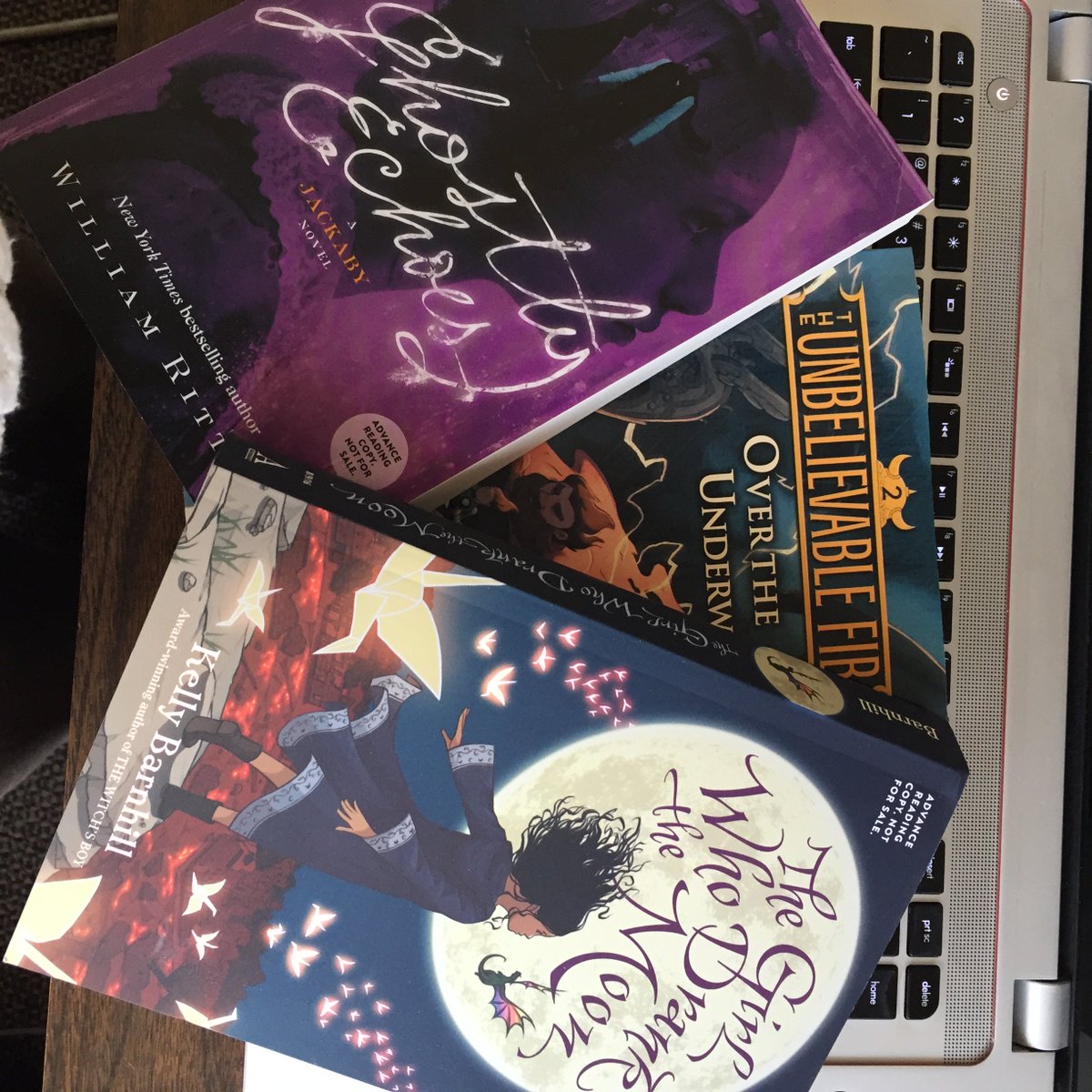 AlgonquinYR's tweet photo. Fresh ARCs! #ghostlyechoes #jackaby @Willothewords #FIB2 @AdamShaughnessy #girlwhodrankthemoon @kellybarnhill https://t.co/28mj08zzbn