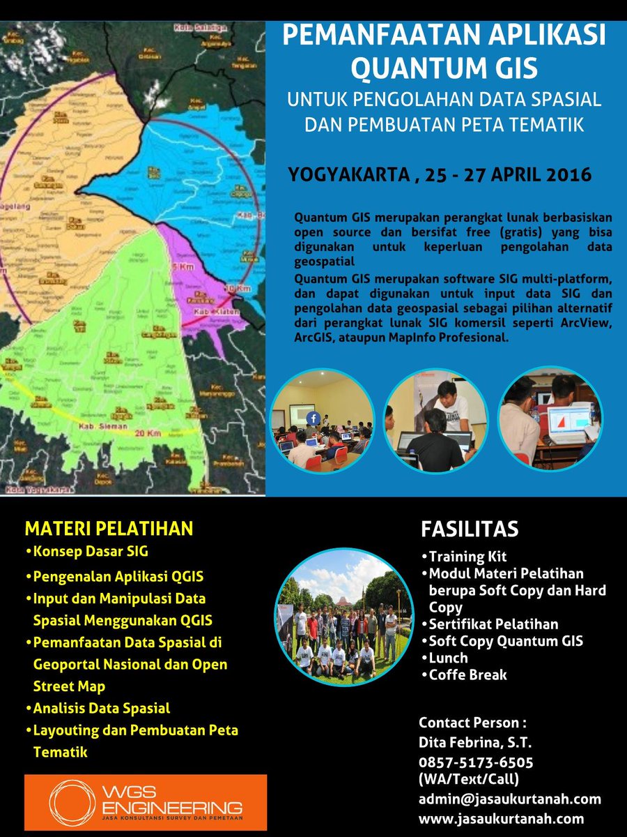 Info Pelatihan:
Pemanfaatan Aplikasi Quantum GIS untuk Pengolahan Data Spasial dan Pembuatan Peta Tematik.