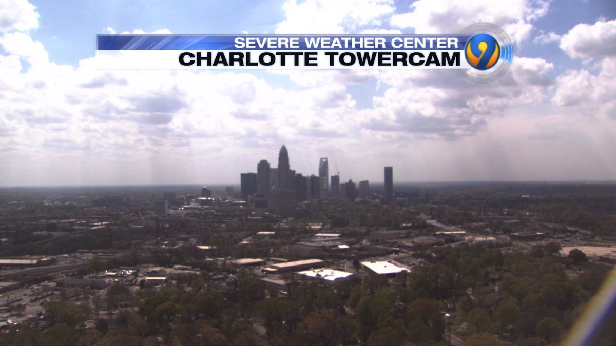 kmondayWSOC9's tweet photo. Cool shot from our Charlotte cam of the haze creating the sun rays. Haze is a combo of pollen, dirt and moisture. https://t.co/gW1AOSvfEF