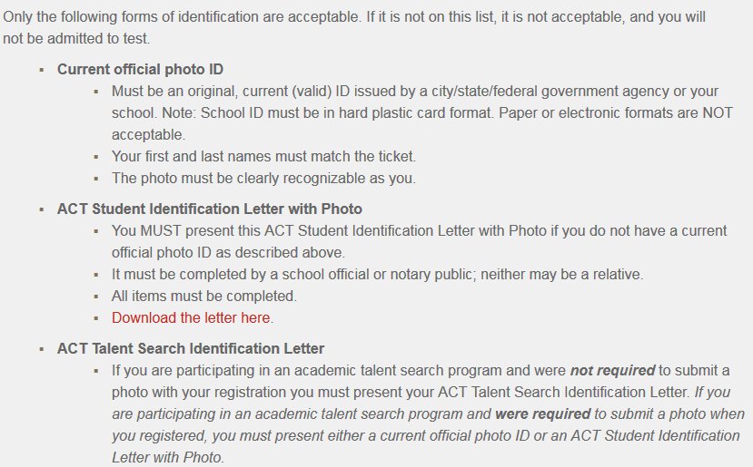 ACTStudent's tweet photo. Make sure to read our acceptable forms of ID. If it is not on this list, you will not be admitted to test Saturday. https://t.co/ydRgNliXNj