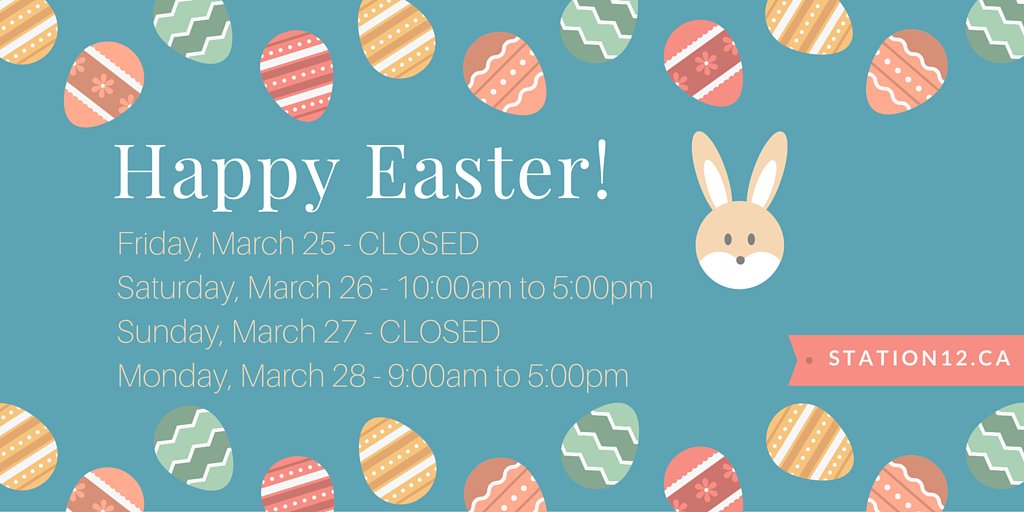 station12_'s tweet photo. Happy Easter! Modified hours this weekend as noted :) https://t.co/WaPg0J4Aka