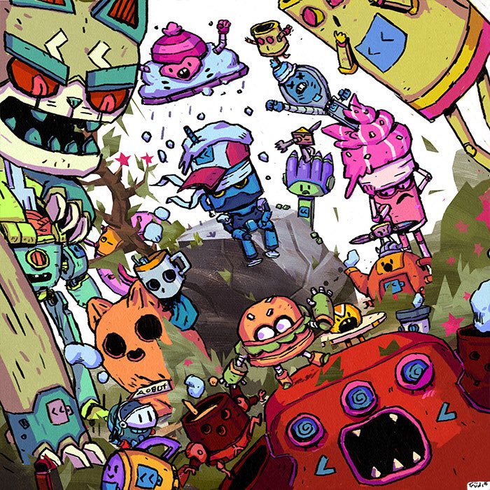 trudicastle's tweet image. #marchofrobots day24! Katzebot slams down on the ground, tipping the whole robot crew!