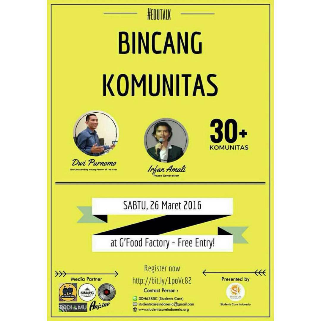 Youngsters! Ingin tahu komunitas sosial &amp; pendidikan di kota Bandung? Ingin terlibat dgn kerelawanan? #EduTalk