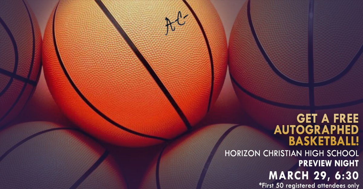 FIRST 50 to register <a href="/HCHS_Tualatin/">Horizon Christian HS</a> &amp; <a href="/allencrabbe/">allencrabbe</a> nite on 3/29: horizon-christian.org/events/ gets 1 autographed b-ball!