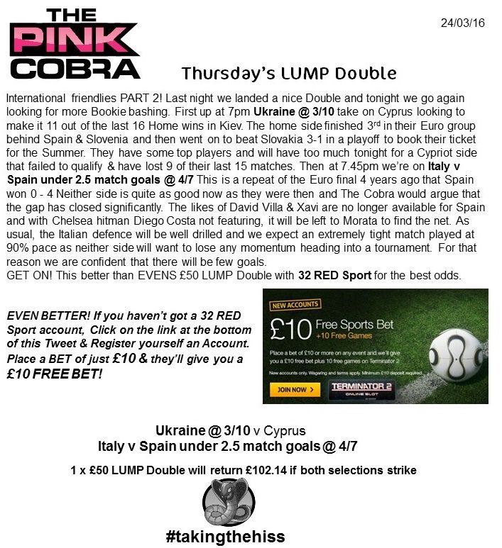 The_Pink_Cobra's tweet photo. MEGA HISSES #ITAESP ends 1 - 1 &amp; the #LUMPDouble is landed! 
More cash for the basket!
The Cobra knew
#paythesnake https://t.co/uoavheCFcw