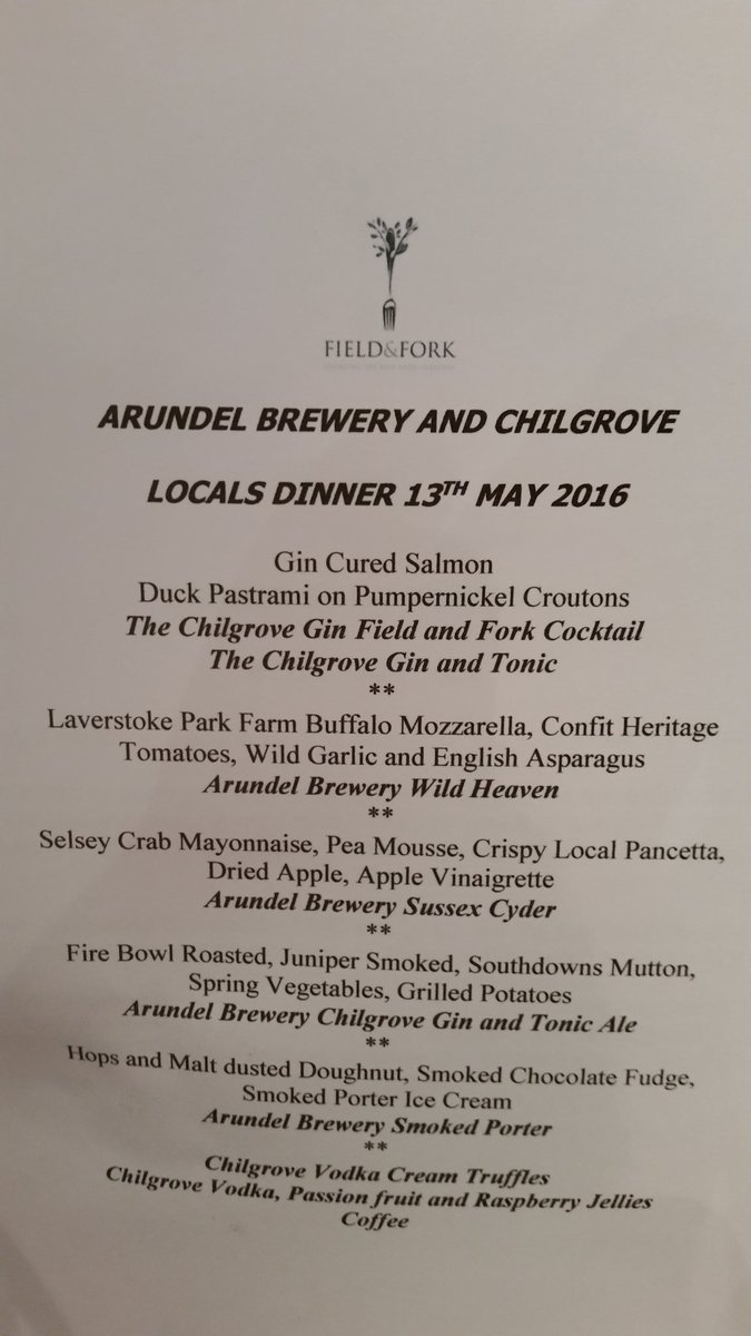 So heres the menu for our <a href="/samsfork/">samsfork</a> <a href="/ArundelBrewery/">Arundel Brewery</a> <a href="/ChilgroveGin/">Chilgrove Spirits</a> dinner on  130516 book soon our dinners sell fast!