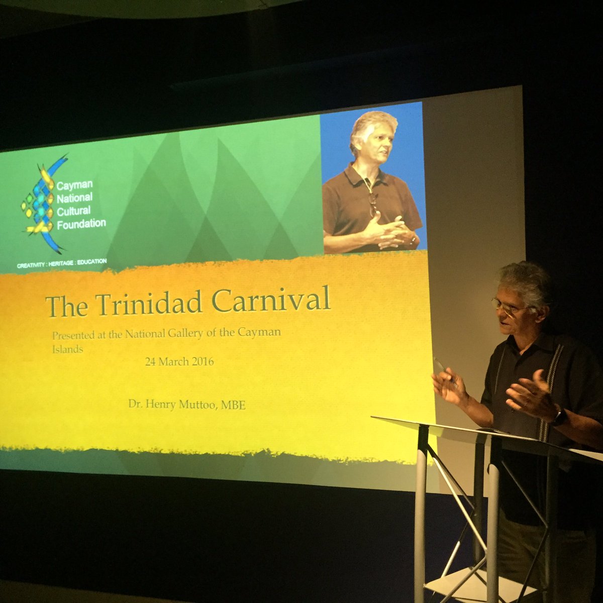 NatGalCayman's tweet photo. Learning all about the history of #carnival with Henry Muttoo tonight @natgalcayman.
#ineverknew #GrittyMas #ENMAS https://t.co/FZgGL6cM5N