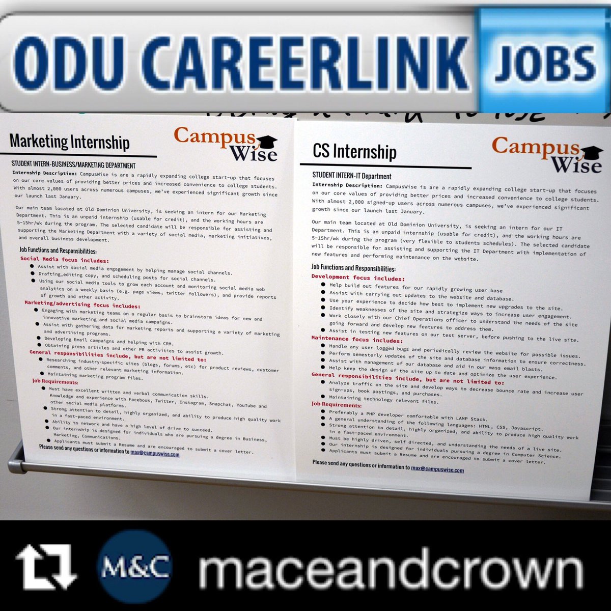 CampusWise's tweet photo. As seen in the @MaceandCrown pics earlier this week, we now have  internships open on #ODU Career Link 🎓💼 #CS #Biz https://t.co/cmptYz4Kd5