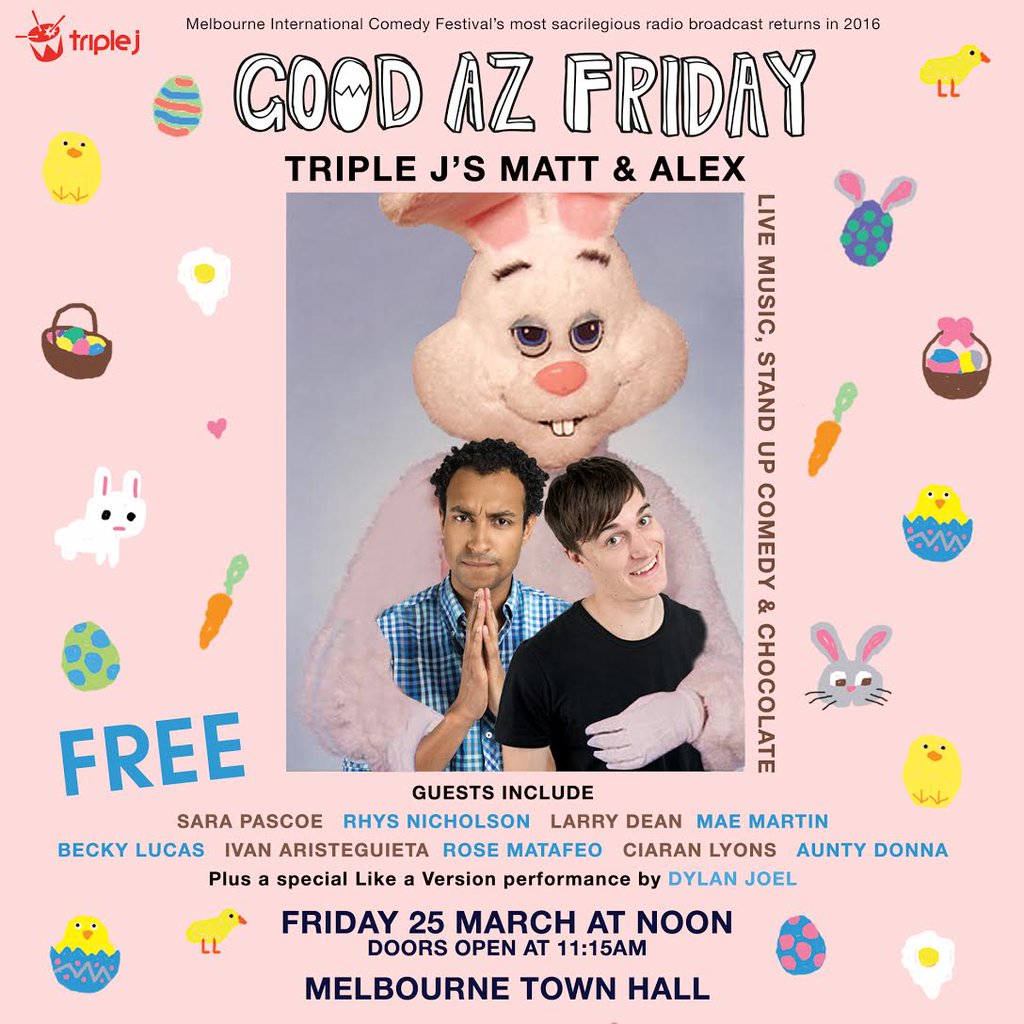 It's #GoodAzFriday! We're broadcasting live from #MICF with @dylanjoel  Stream + LOL along: tripj.net/streamjjj