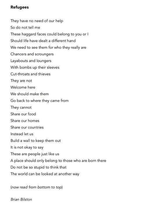M_Grimley's tweet photo. Read from the bottom up. Very clever. #refugees @scotrefcouncil @Refugees #needourhelp https://t.co/RHitojHf4A