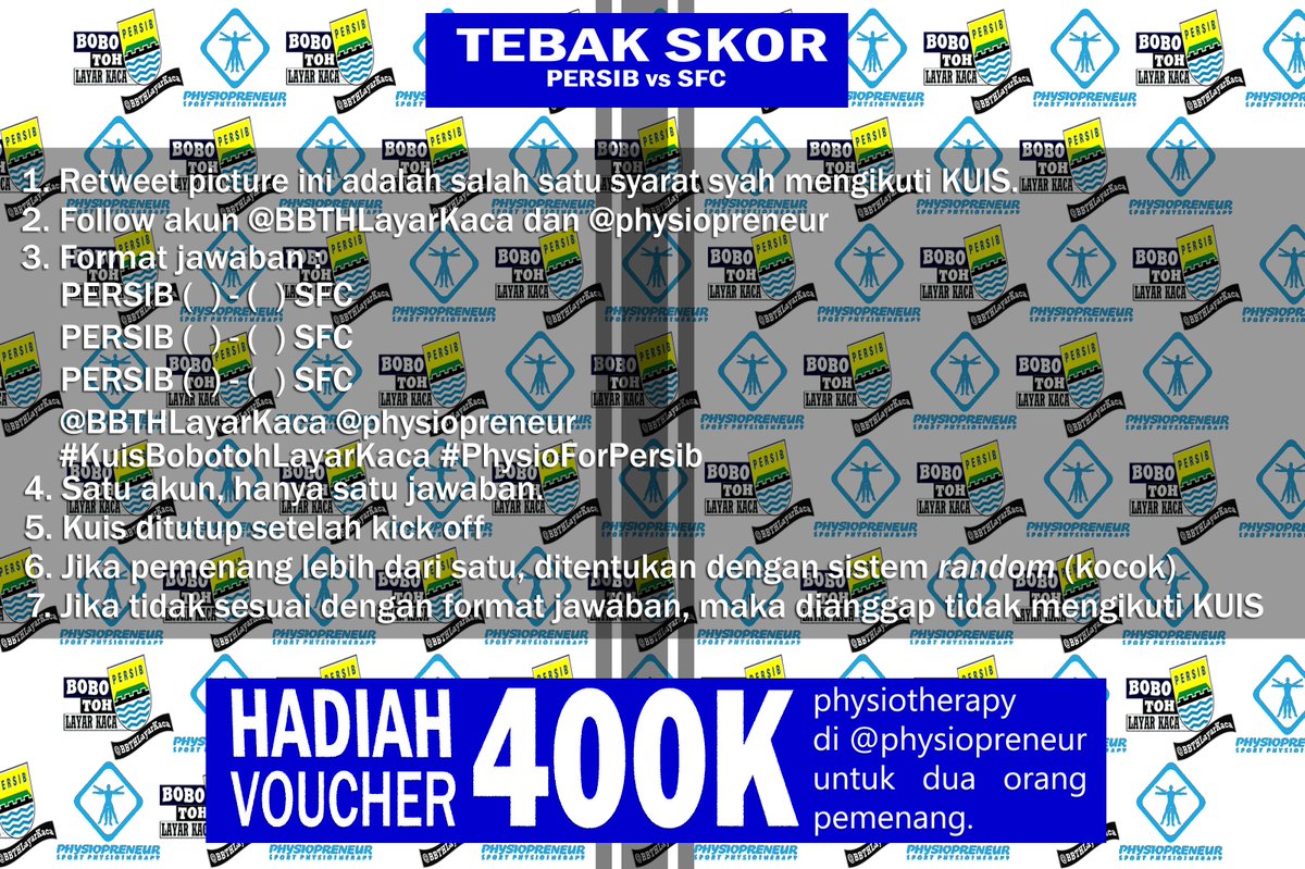 [RETWEET]
Follow sponsor kuis <a href="/physiopreneur/">Sport Physio Clinic</a> 
hastagnya #KuisBobotohLayarKaca #PhysioForPersib
kuis di mulai!!