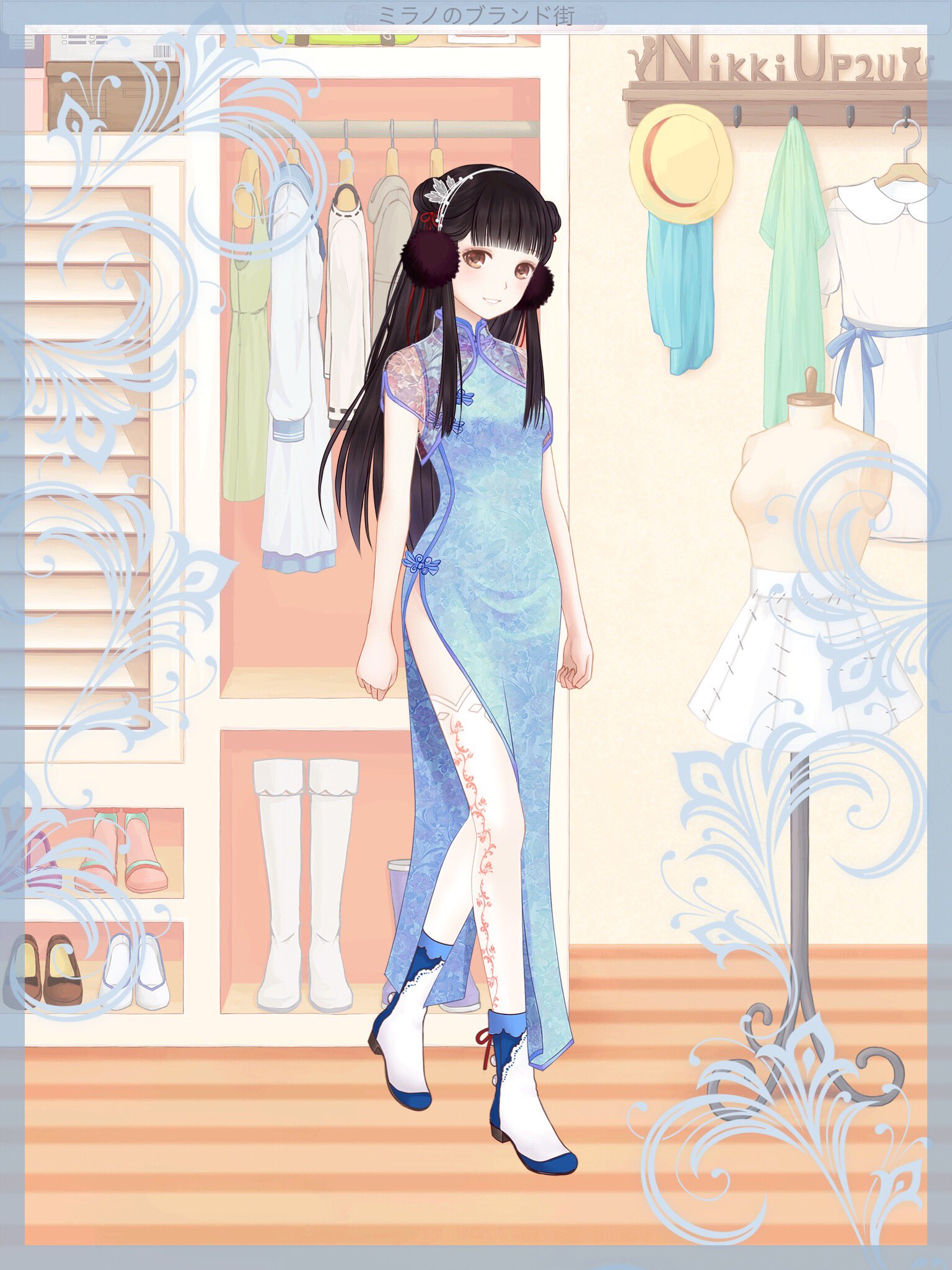 まりね ミラクルシャイニングニキ 265 ミラノのブランド街 ヘアスタイル ぱっつんツイン団子 ワンピース 中華ドレス 長 コート 中国風ボレロジャケ 靴下 中華花文様ニーハイ 靴 ショートブーツ白青 髪飾り 水晶の髪飾り 耳飾り 黒羊ぼんぼり耳飾り