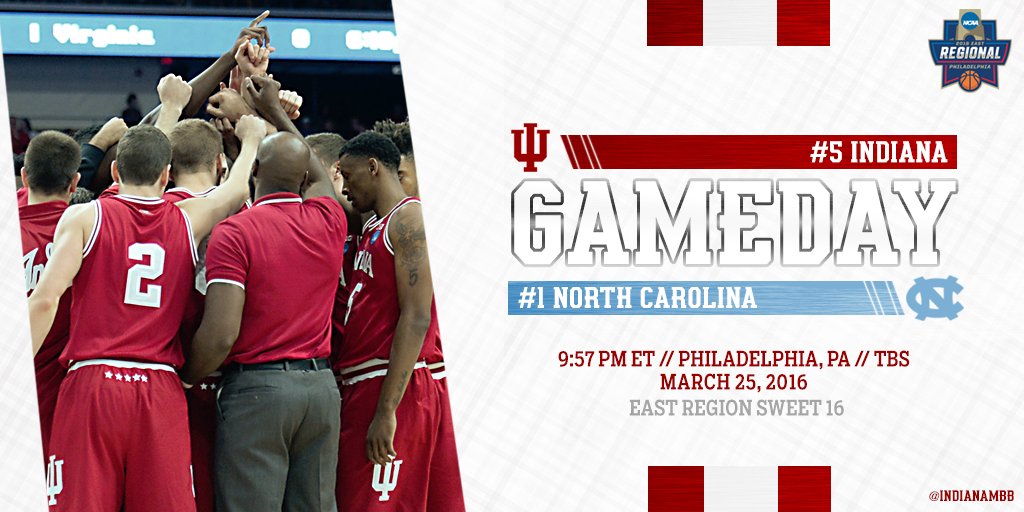 IndianaMBB's tweet image. Welcome to the #Sweet16 

GAMEDAY!! #BeatUNC #ForIndiana