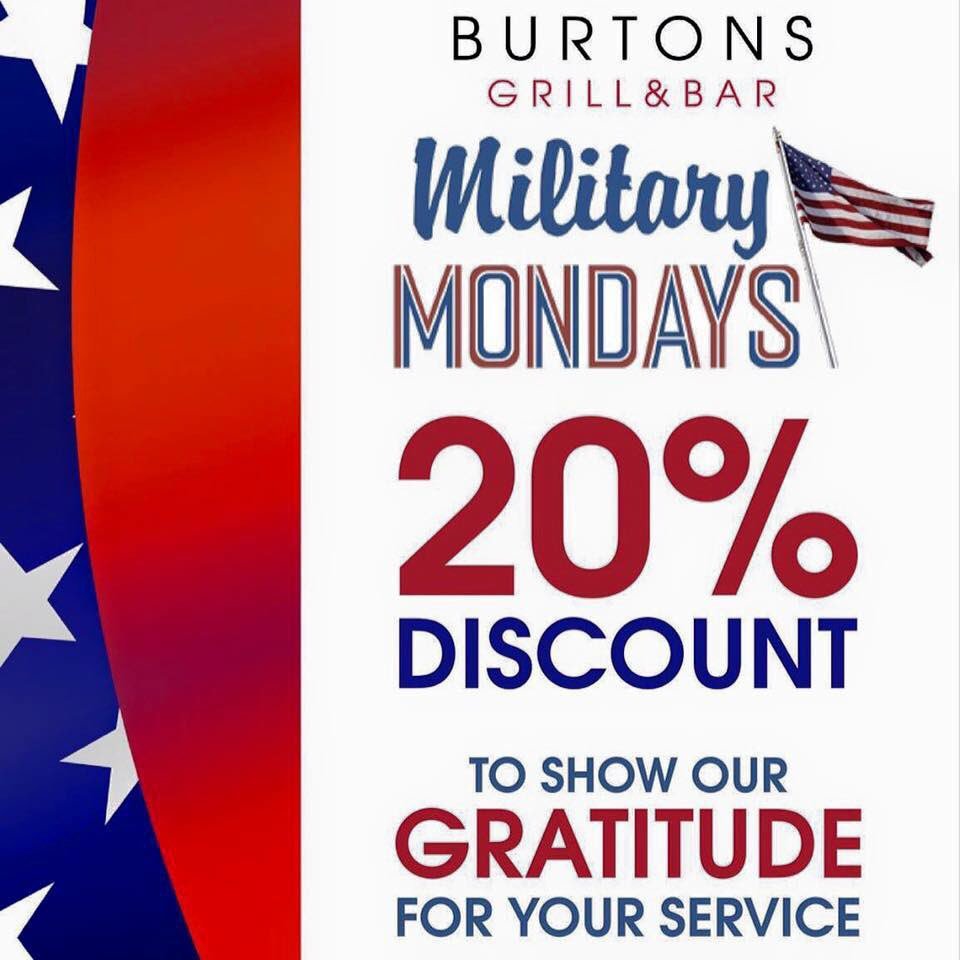 Burtons_VB's tweet photo. all active duty armed forces receive a 20% discount off food and non-alcoholic beverage items ALL DAY on Mondays https://t.co/D0zsgWIMHy
