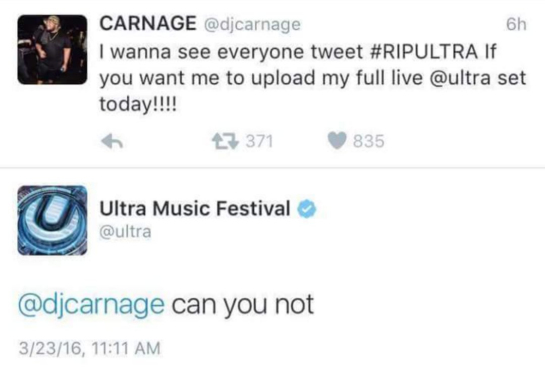 JRobertson_8's tweet photo. Ultra Music Festival so savage 😂 #RIPCARNAGE https://t.co/WKSxUFRGwZ