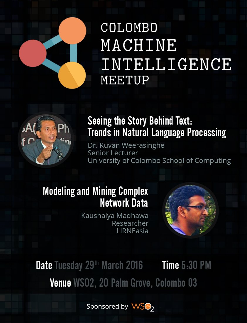 Join fellow #machinelearning enthusiasts @wso2 next Tuesday! meetu.ps/2W9f3p #AI #NLP #GraphMining #lka