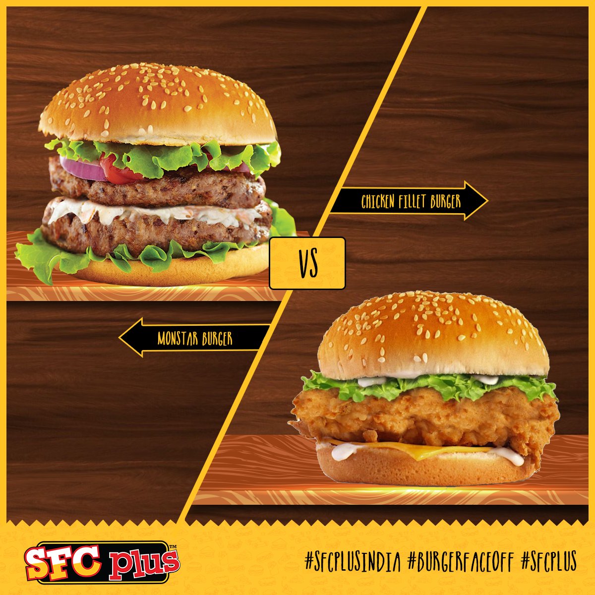 sfcplusindia's tweet photo. Choose wisely southsiders, its Burger Face off time #BurgerFaceoff #SFCPlusIndia  #SFCPlus https://t.co/ANmpWkrLPu