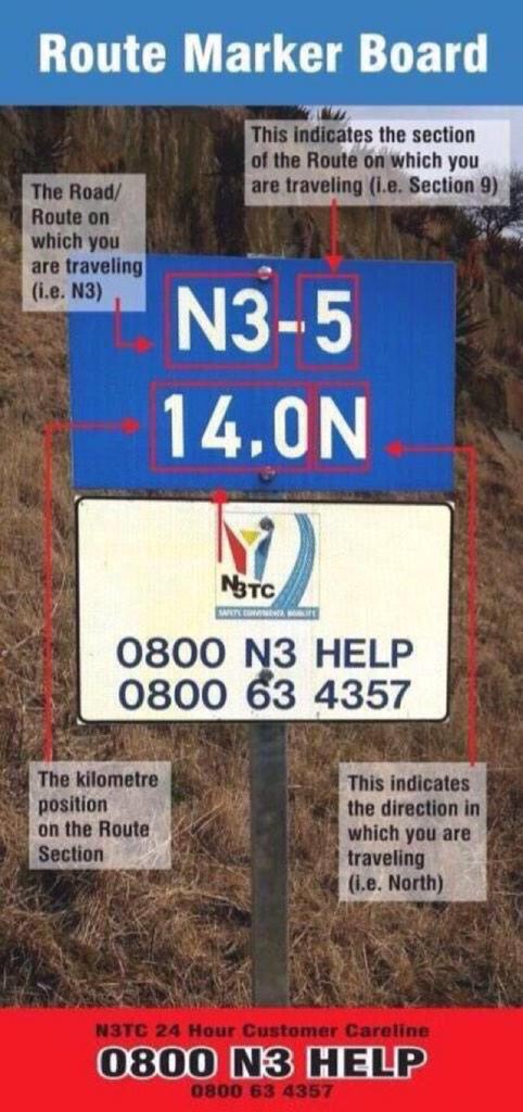TrafficZN's tweet photo. #SafetyTip:To get help fast to any Incident use the Blue route Marker board on ALL national routes placed every 200m https://t.co/d5YTeZA58R