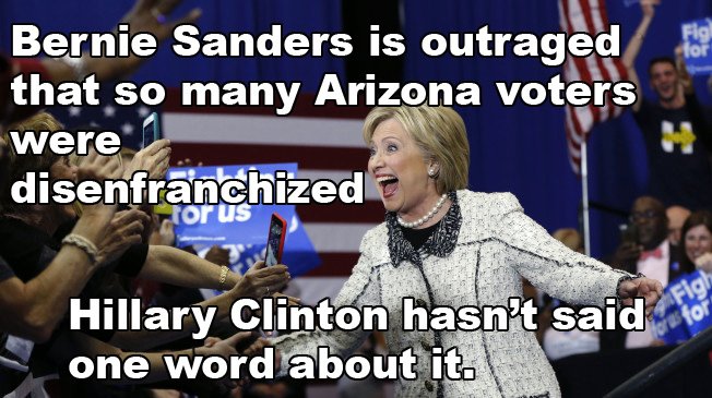 itwaschris's tweet photo. Anyone else wondering why Hillary hasn’t expressed any outrage about Voter Suppression ? #WhichHillary #BernieOrBust https://t.co/OwdAWVdARH