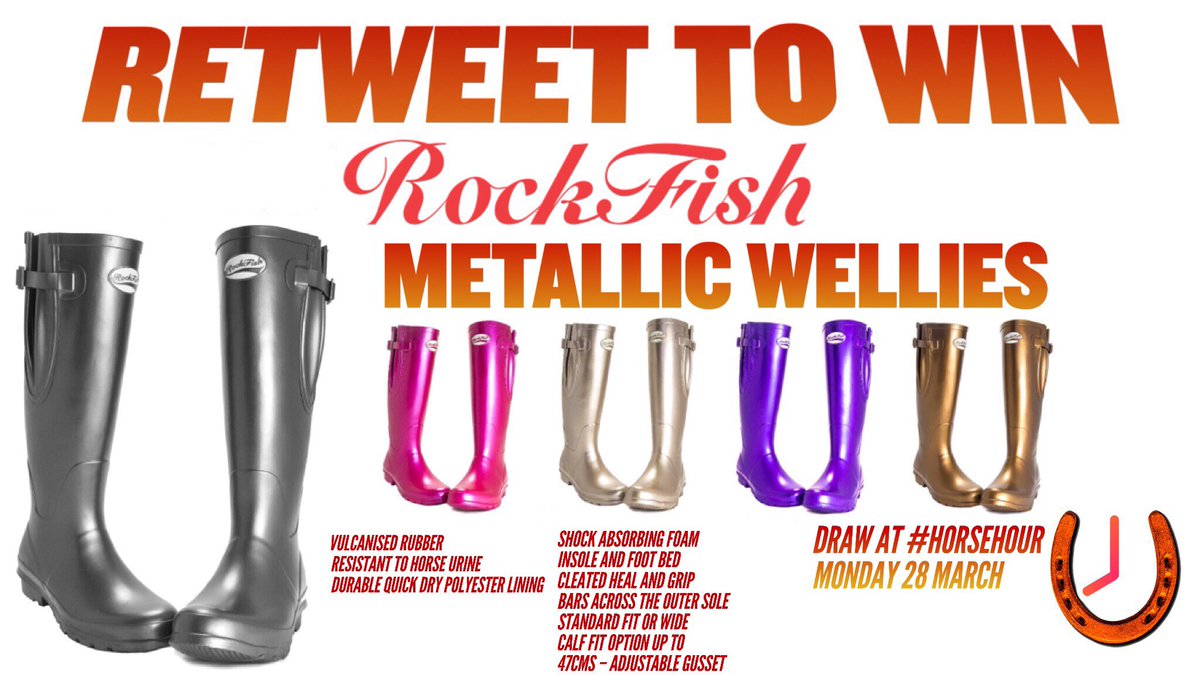 HorseHour's tweet photo. Retweet &amp; follow @RockfishWellies to be in to WIN a pair of metallic wellies! Draw at #HorseHour! Monday 28 March! https://t.co/SYKqitGZ0K