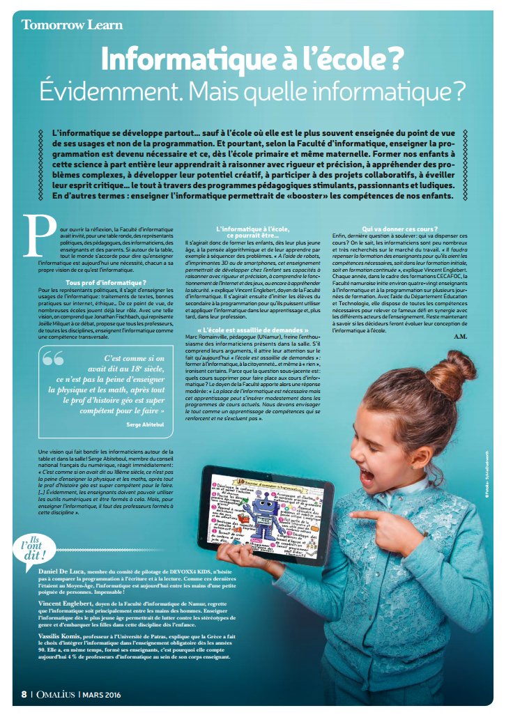 UNamurCSFaculty's tweet photo. L'informatique à l'école dans Omalius PDF : https://t.co/Deagmj3ZhP @Devoxx4Kids @sergeabiteboul https://t.co/68hqWxOUl3